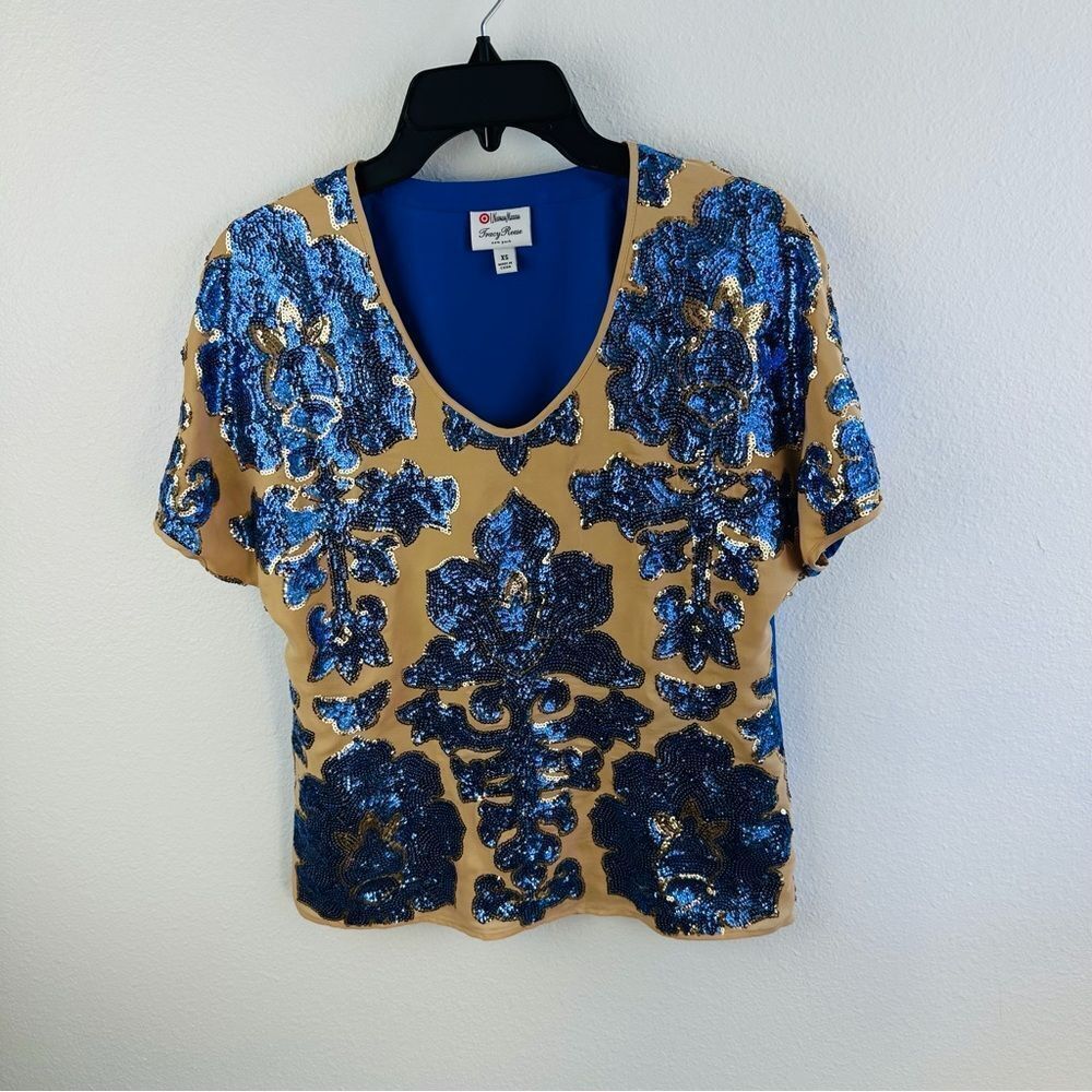Target X Neiman Marcus X Tracey Reese‎ Blue Tan Sequin Top Size XS